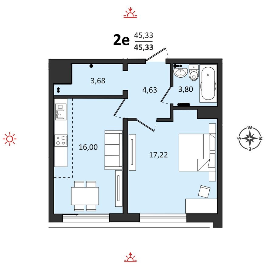 2к. квартира, 45.3 м²