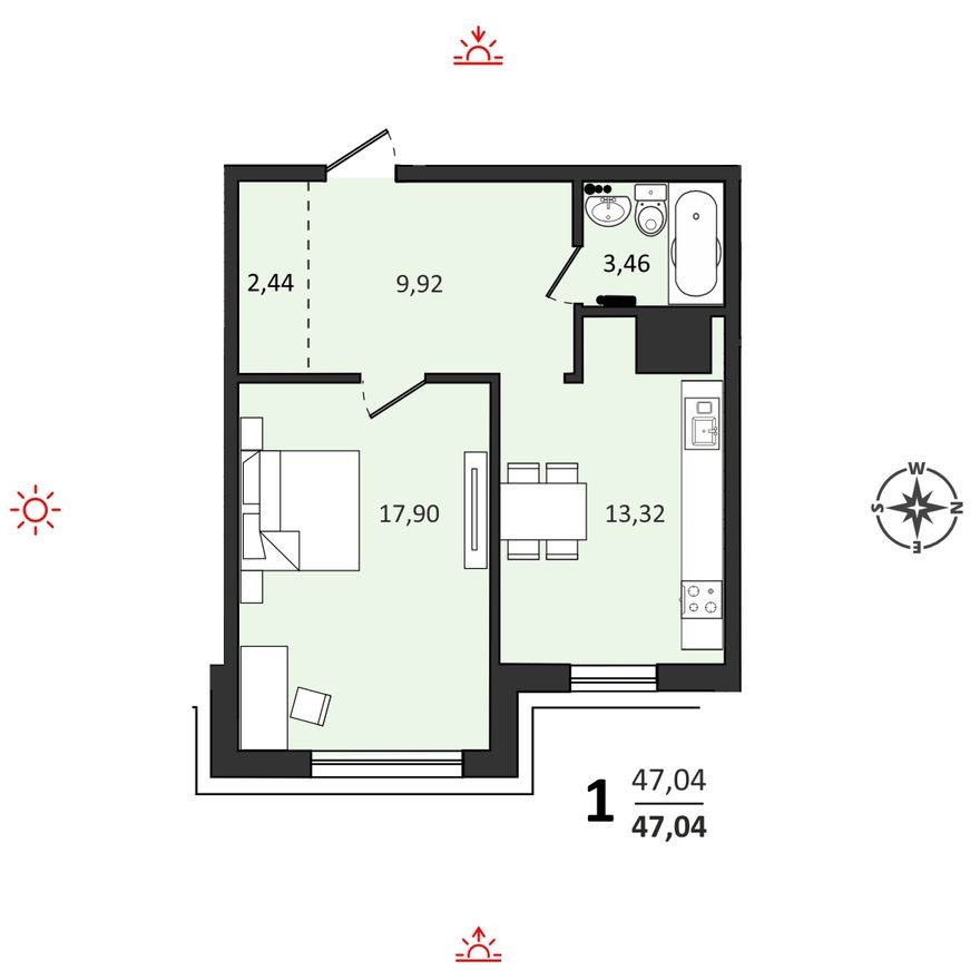 1к. квартира, 47.0 м²