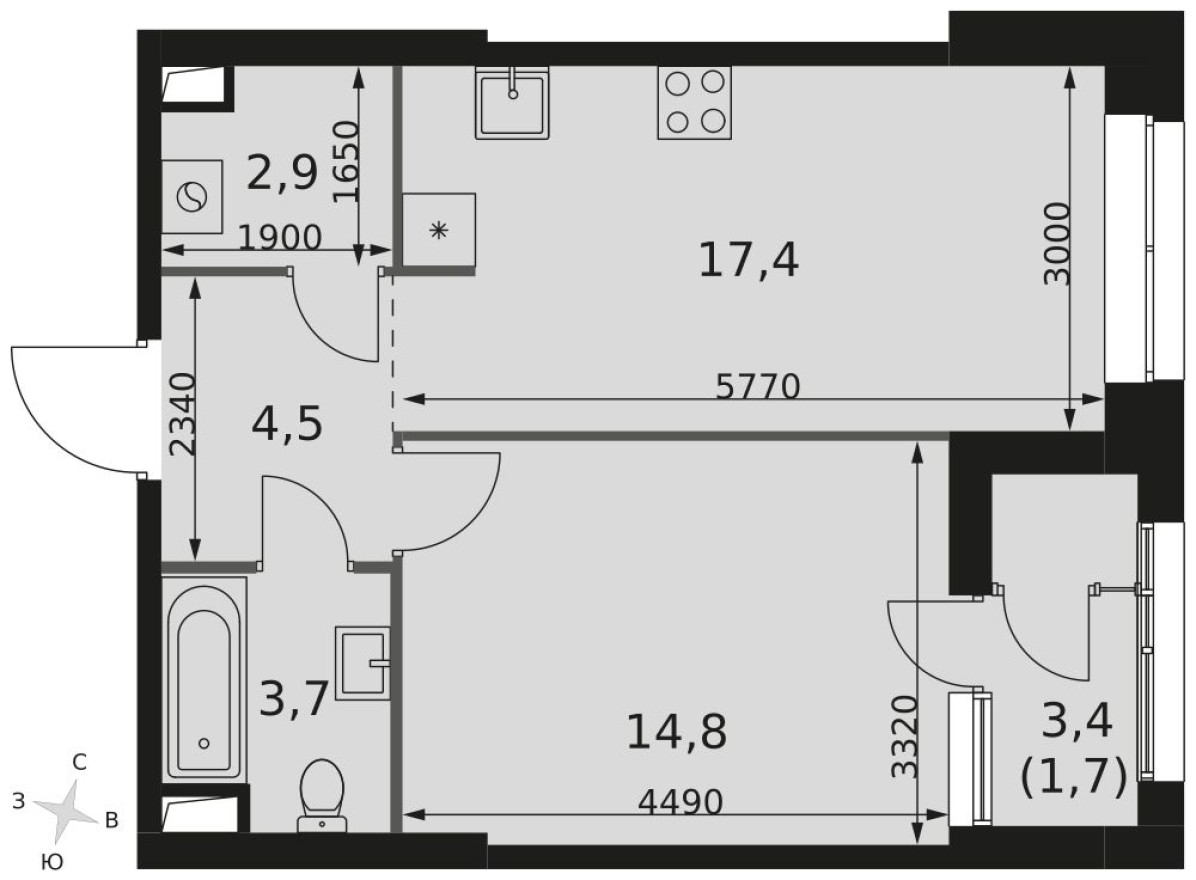 1е квартира, 45.0 м²