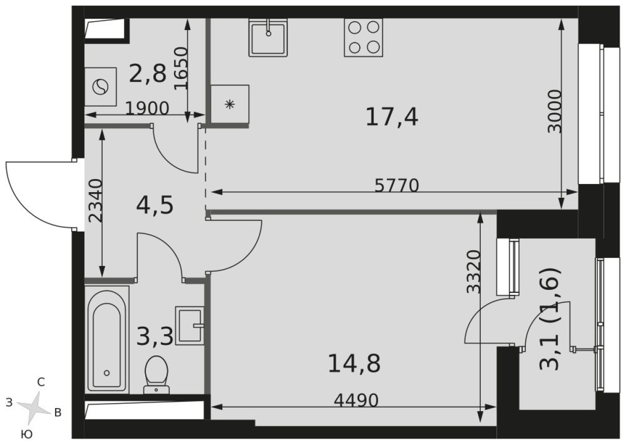 1е квартира, 44.4 м²