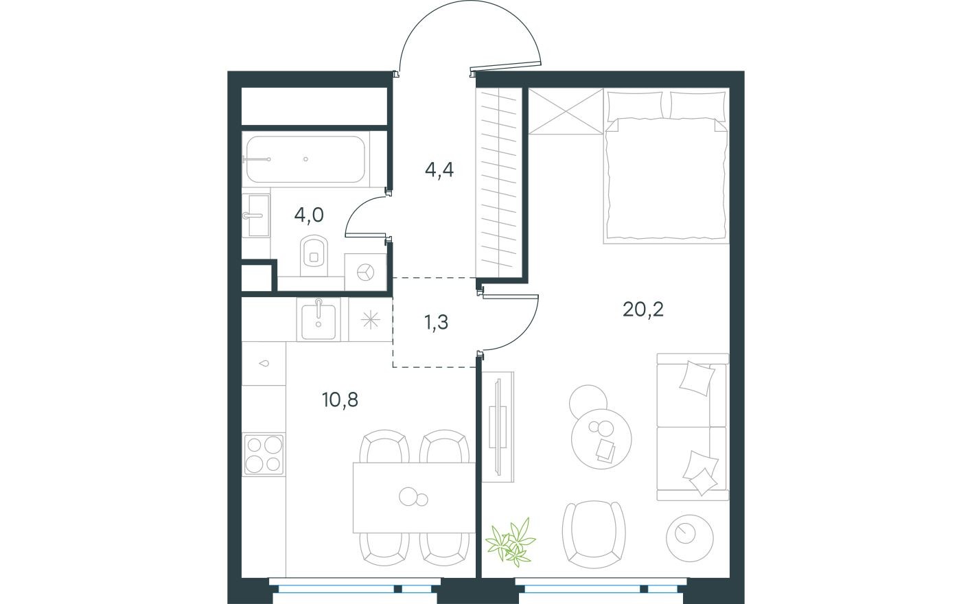 1к. квартира, 40.7 м²