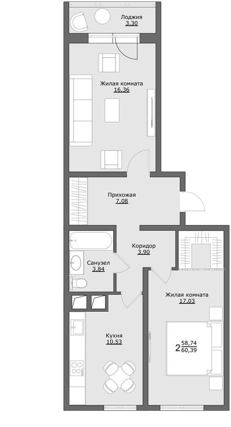 Планировка — 2к. квартира, 60.4 м²