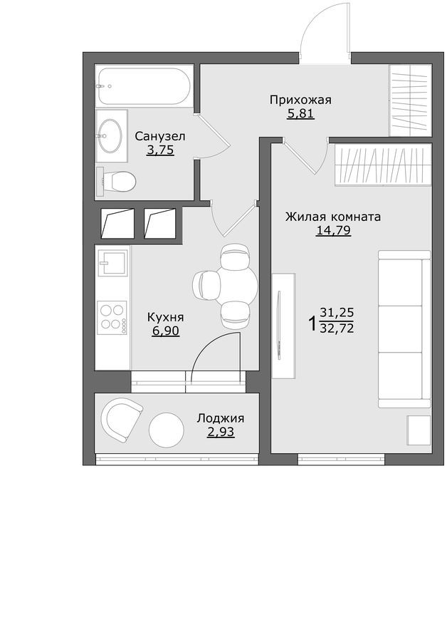 1к. квартира, 32.7 м²