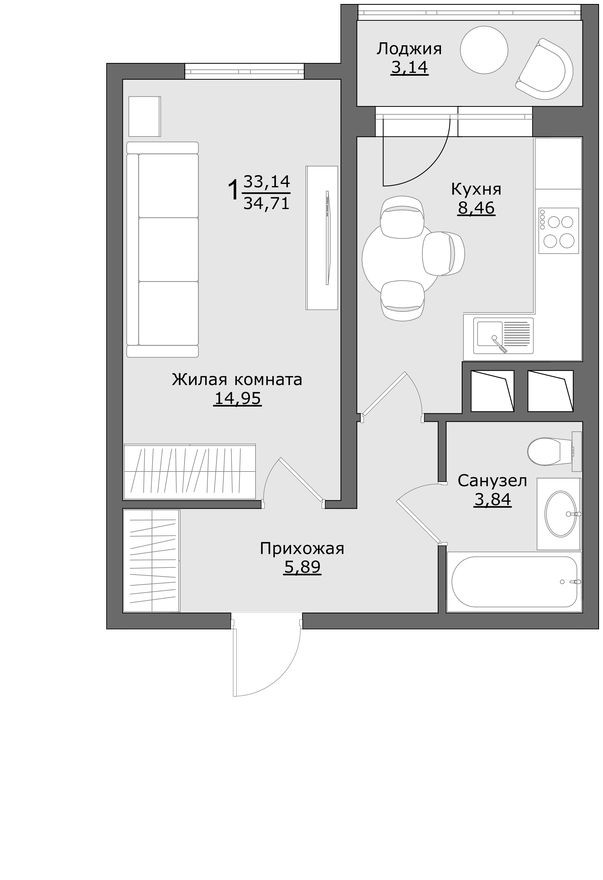 1к. квартира, 34.7 м²