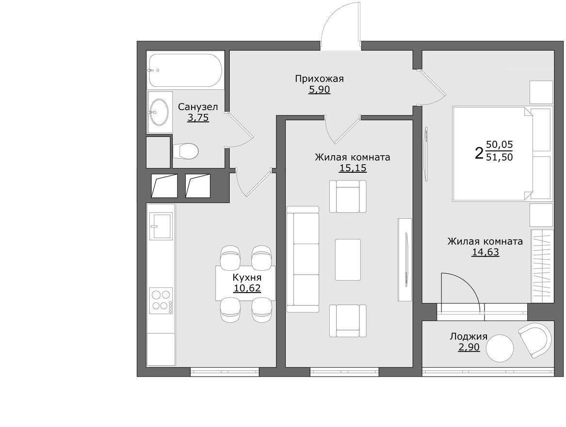 Планировка — 2к. квартира, 51.5 м²