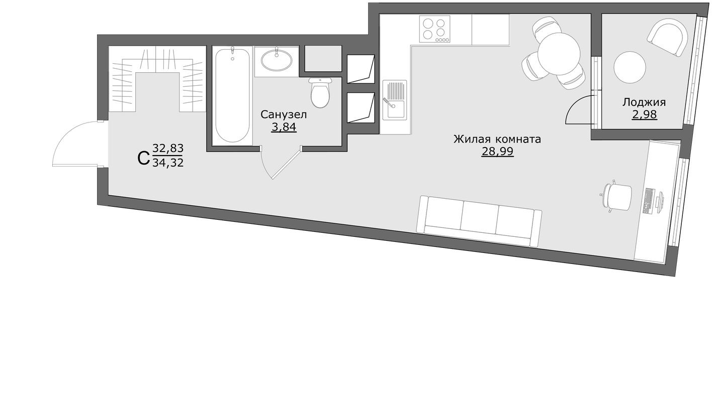 Планировка — Студия-квартира, 34.3 м²