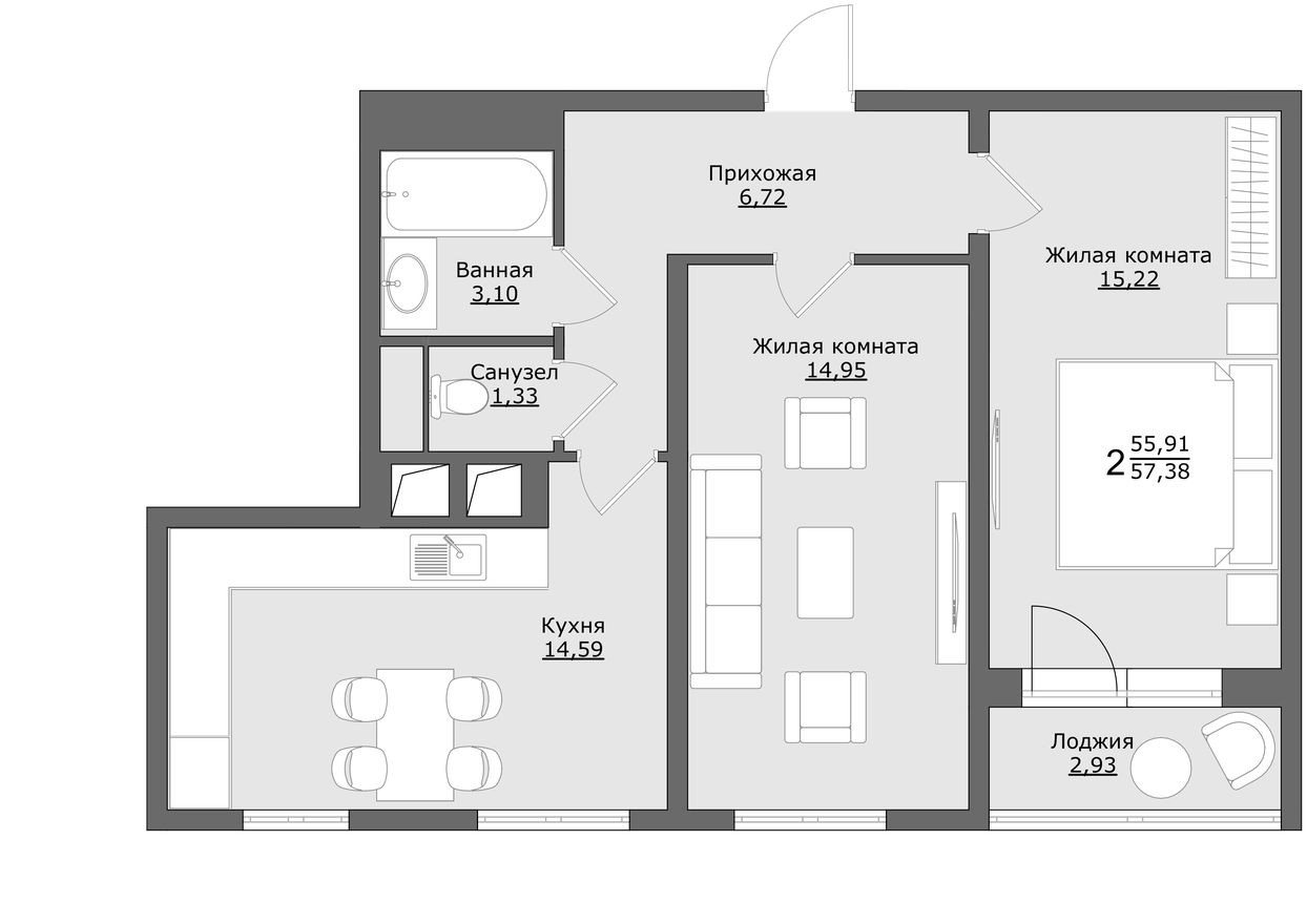 Планировка — 3к. квартира, 57.4 м²