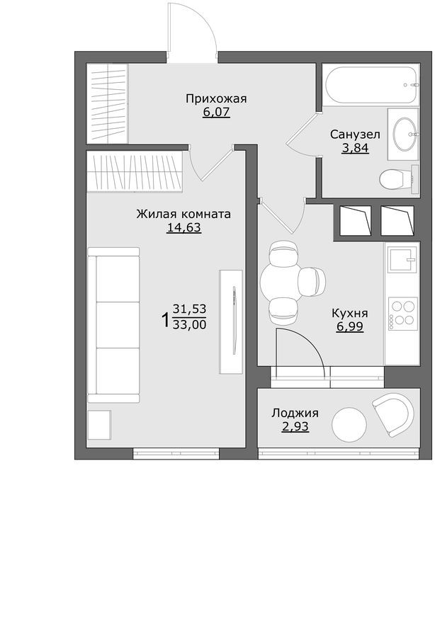 1к. квартира, 33.0 м²