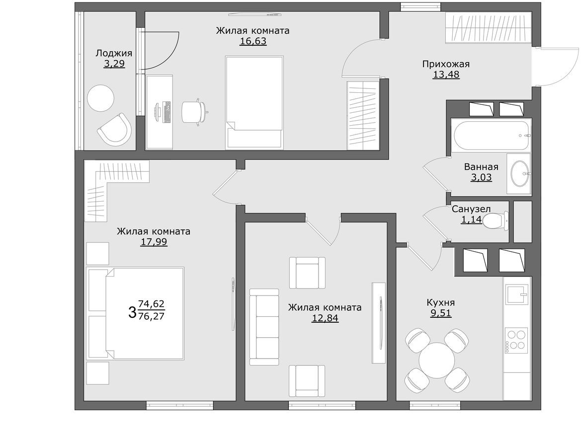 Планировка — 3к. квартира, 76.3 м²