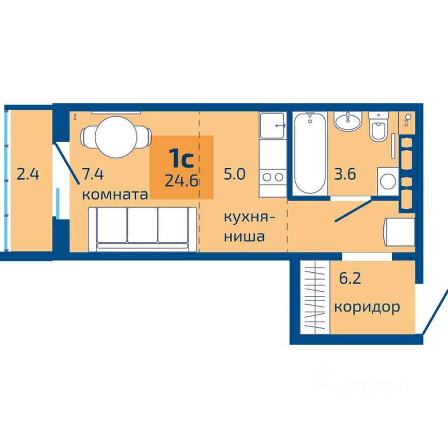 1к. квартира, 24.6 м²