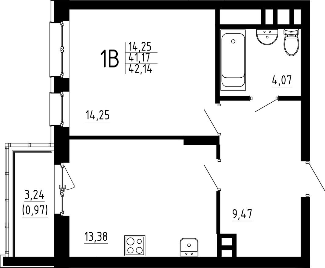 1к. квартира, 42.1 м²