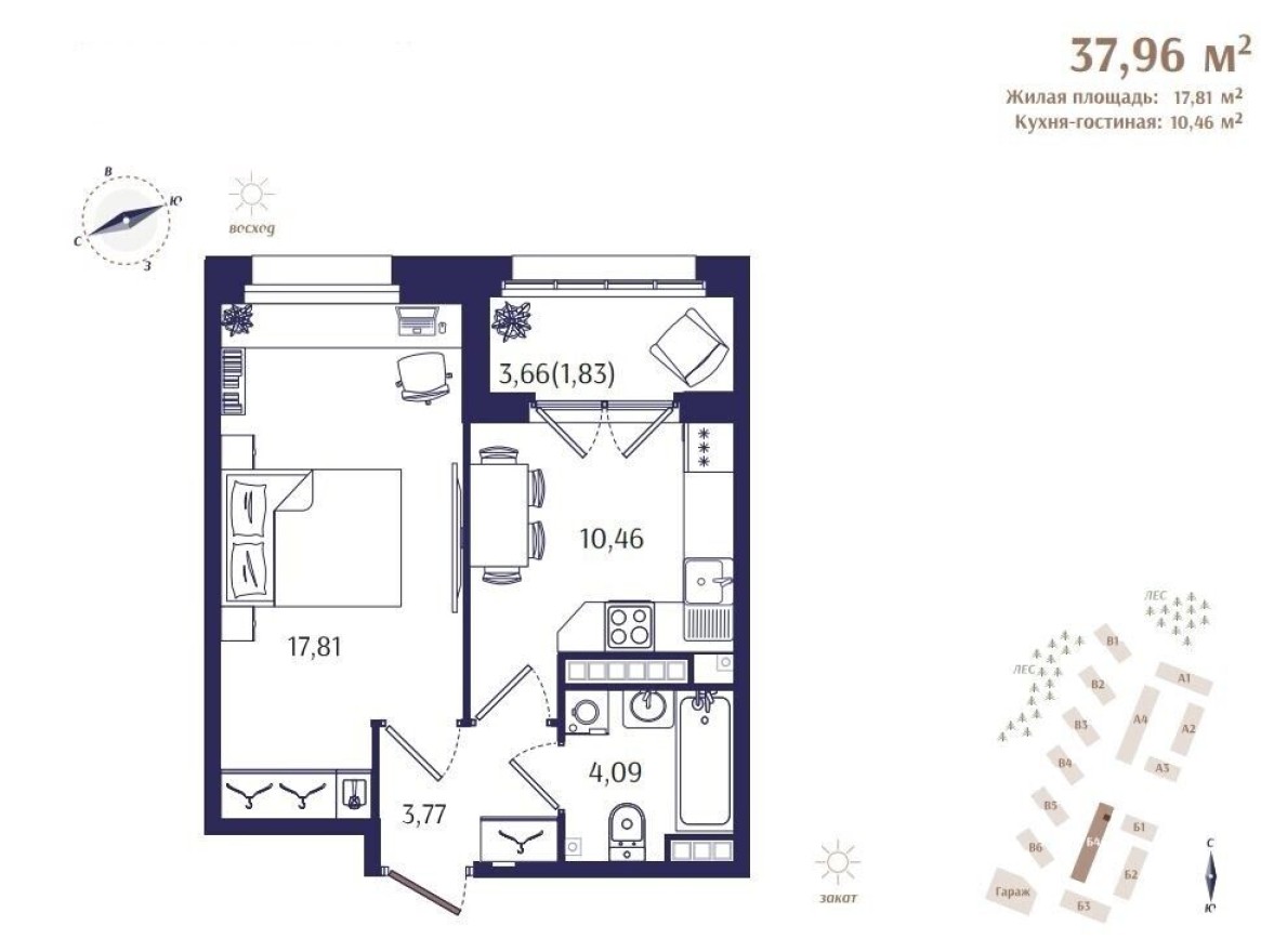 1к. квартира, 38.0 м²