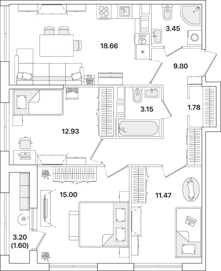 3к. квартира, 77.6 м²