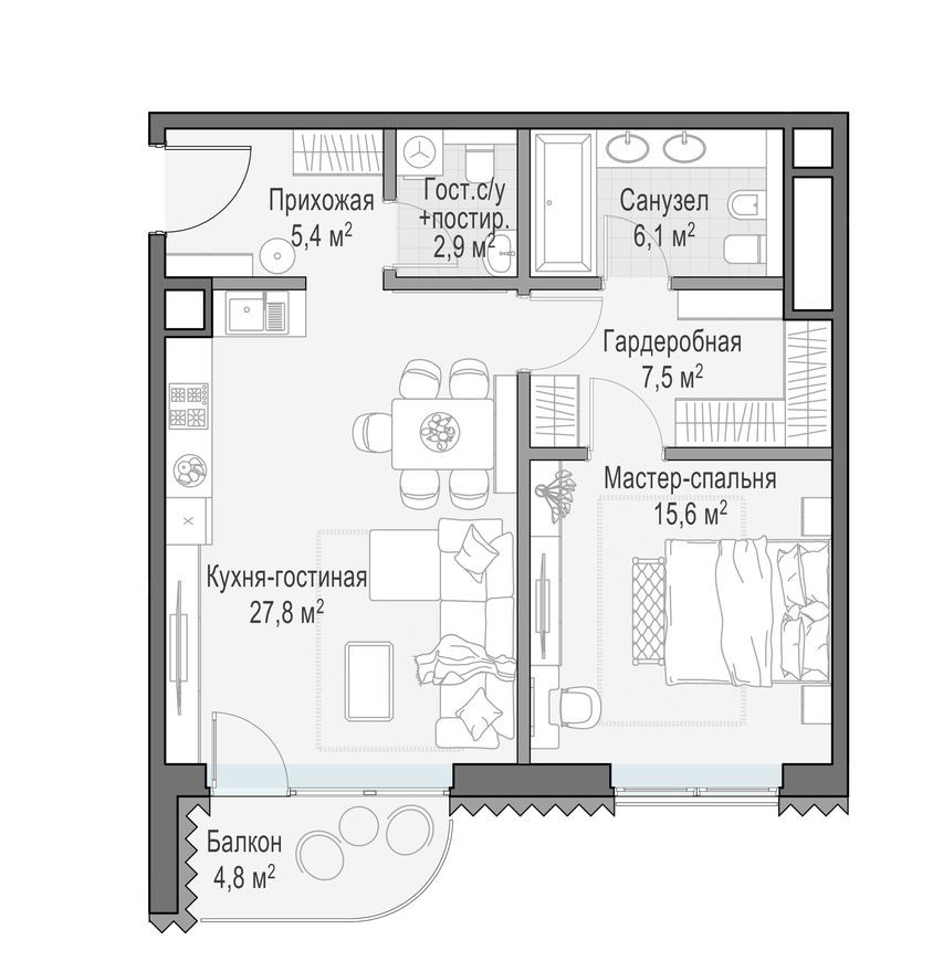 1к. квартира, 66.4 м²