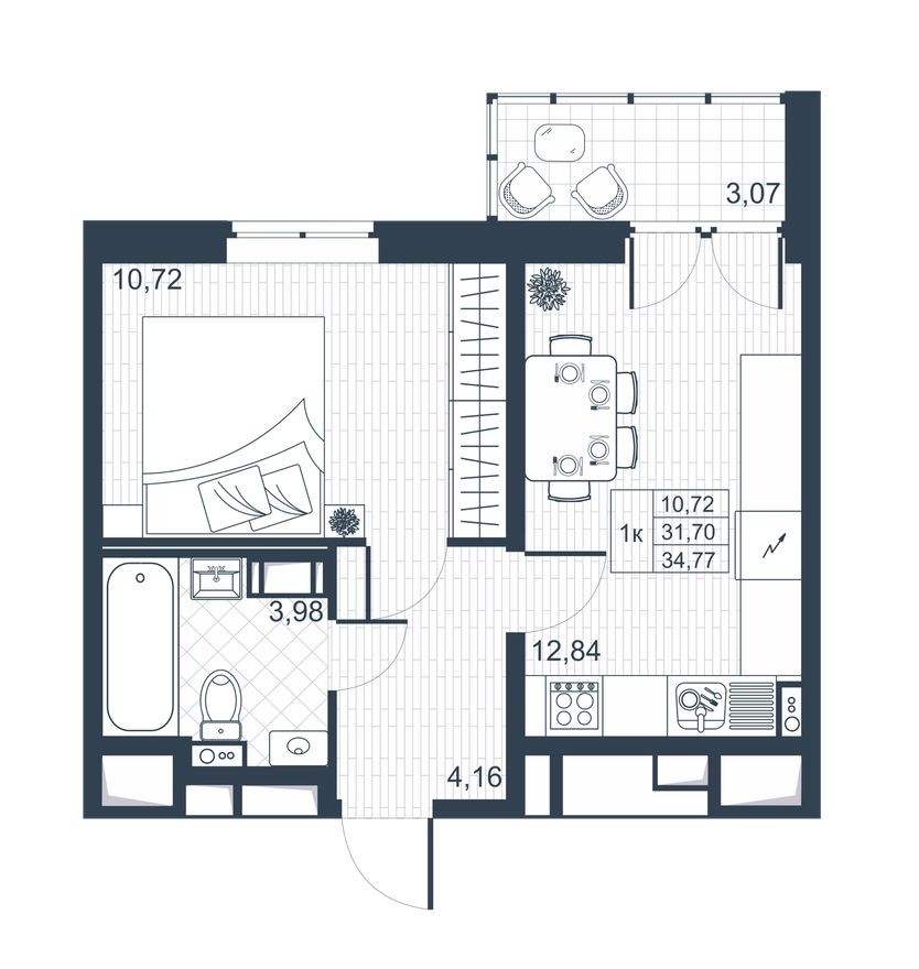1к. квартира, 31.5 м²