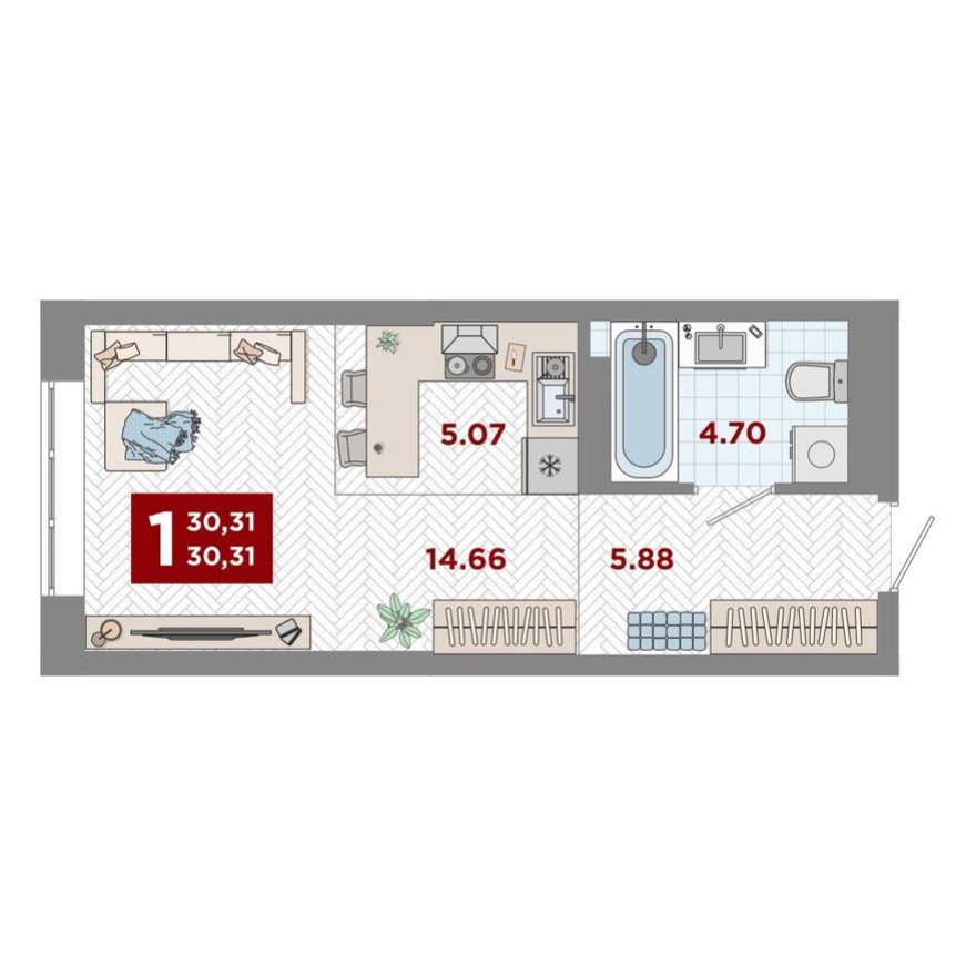 1к. квартира, 30.3 м²