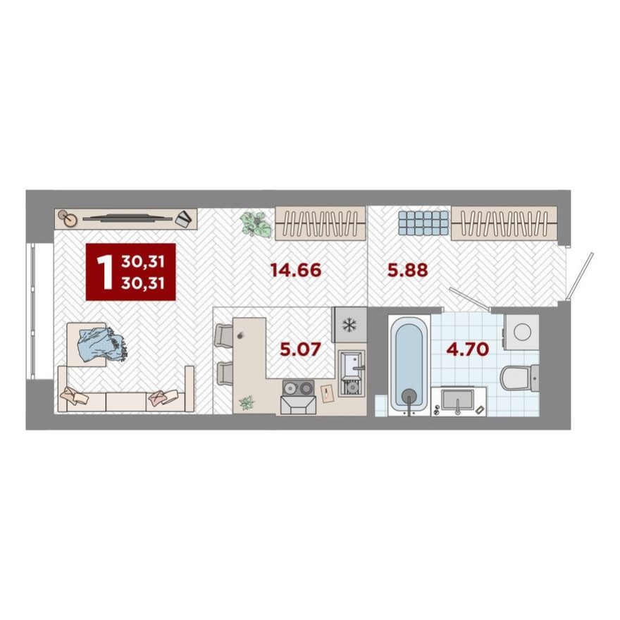 1к. квартира, 30.3 м²