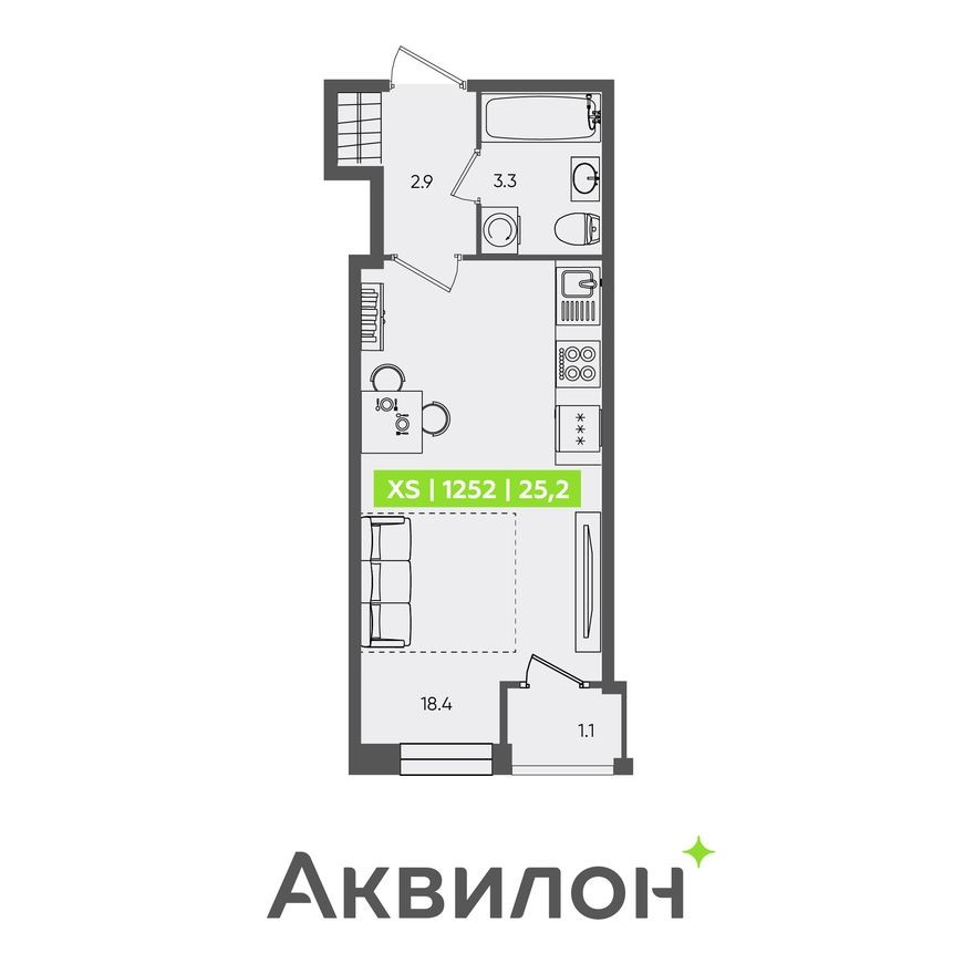 Студия-квартира, 25.2 м²