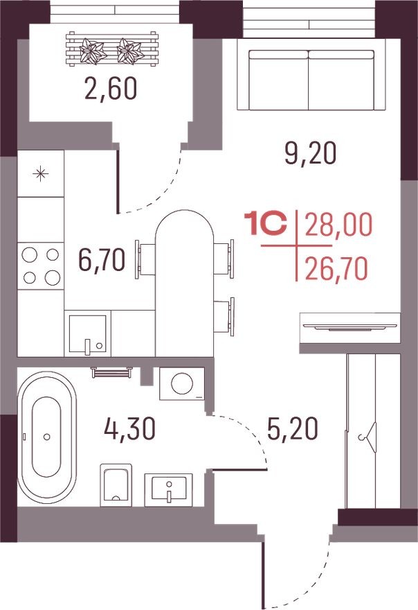 Студия-квартира, 26.7 м²