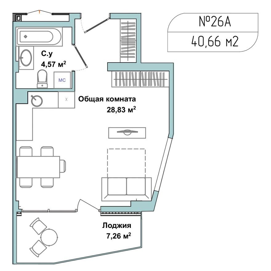 1к. апартаменты, 39.7 м²