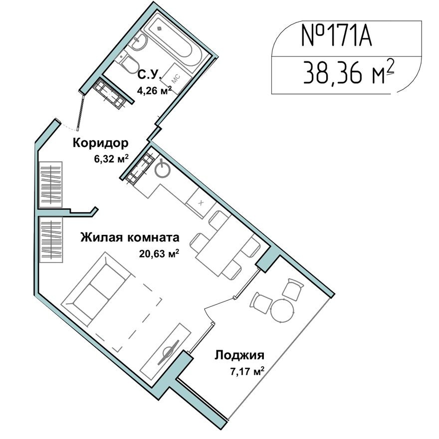 1к. апартаменты, 38.9 м²
