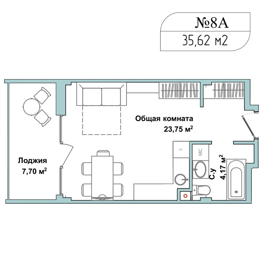 1к. апартаменты, 34.9 м²