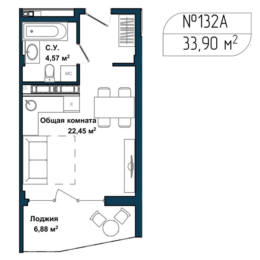 1к. апартаменты, 33.5 м²