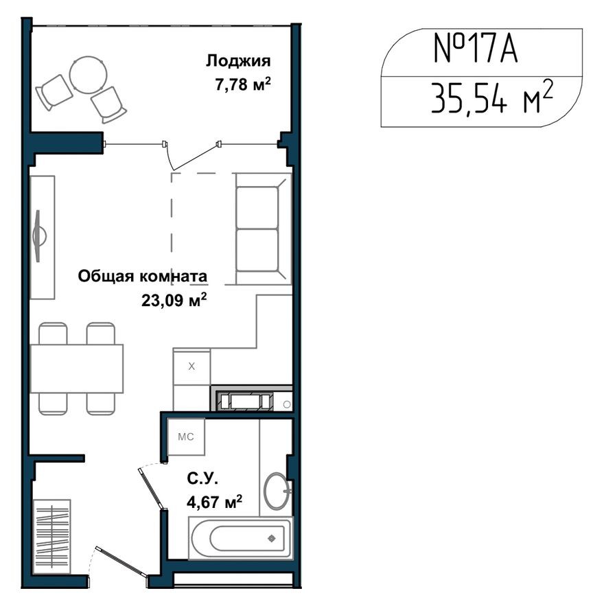 1к. апартаменты, 34.8 м²