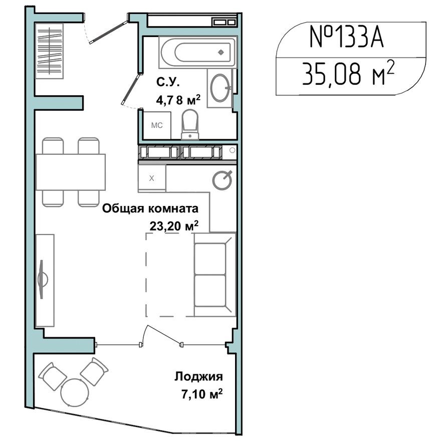 1к. апартаменты, 34.3 м²