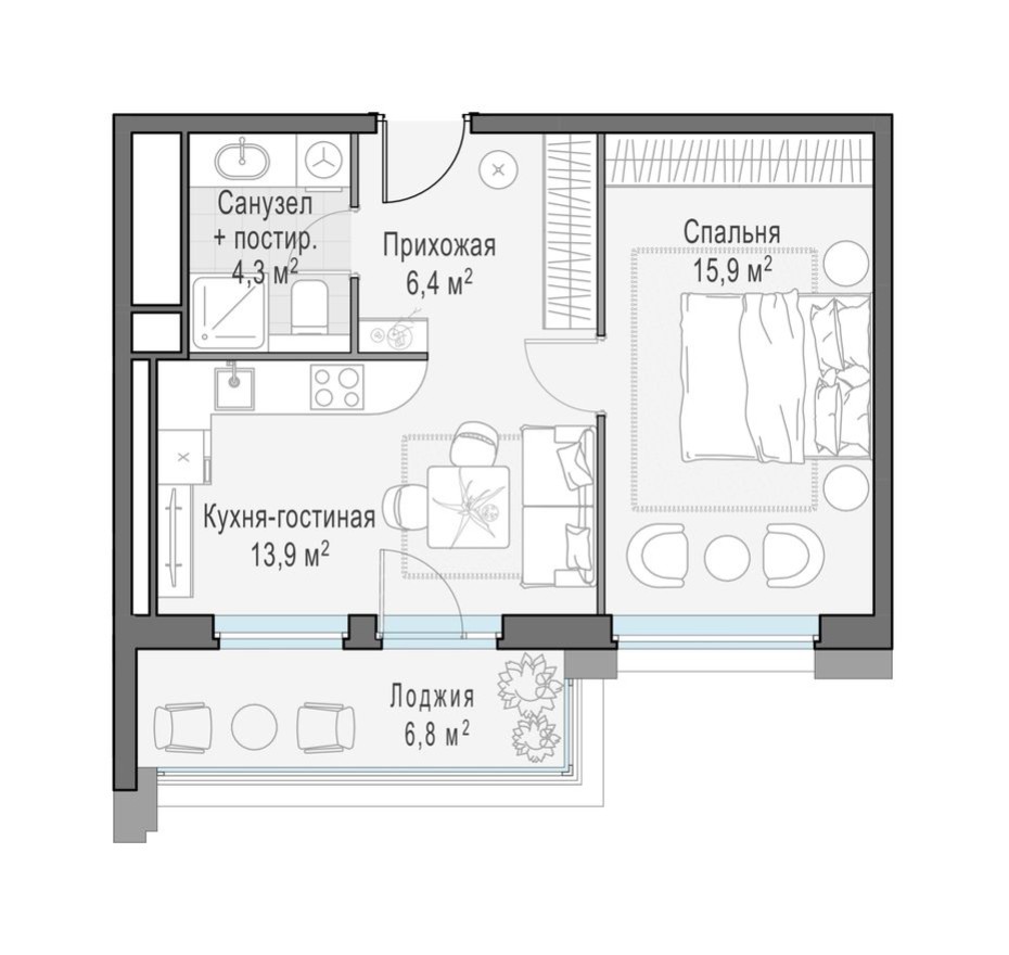1к. квартира, 44.7 м²