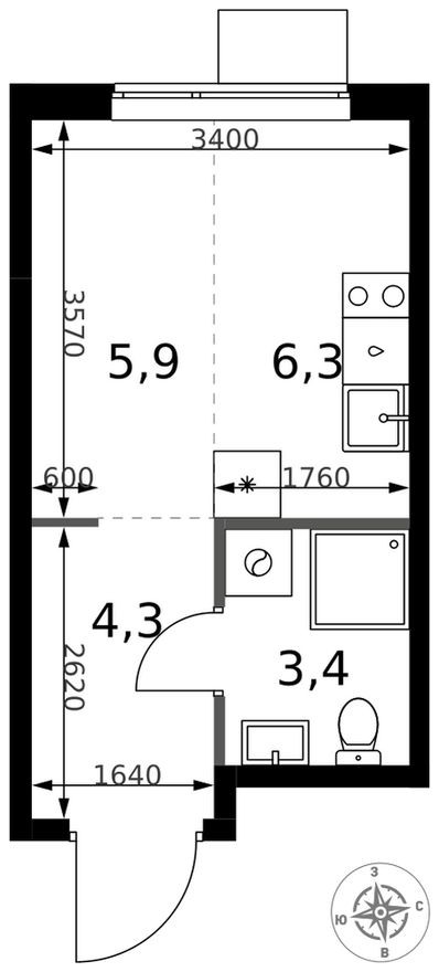 Студия-квартира, 19.9 м²