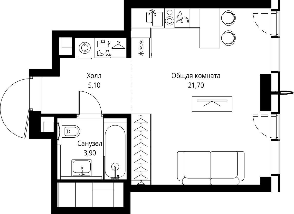 Студия-квартира, 30.7 м²