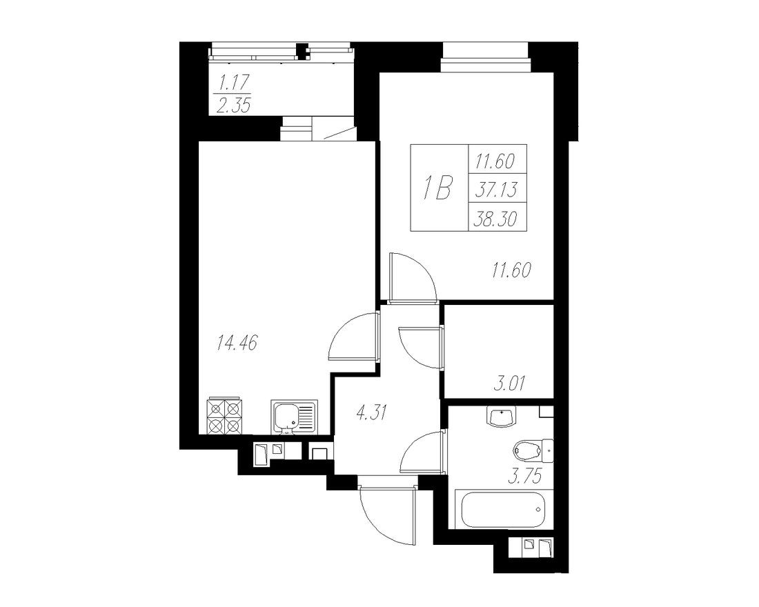 1к. квартира, 38.3 м²