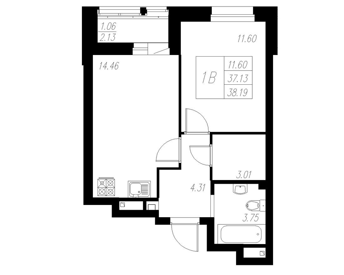 1к. квартира, 38.3 м²