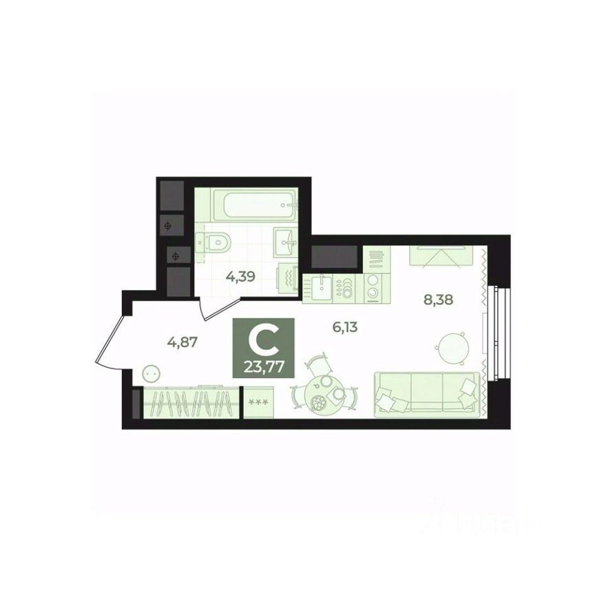 1к. квартира, 23.8 м²