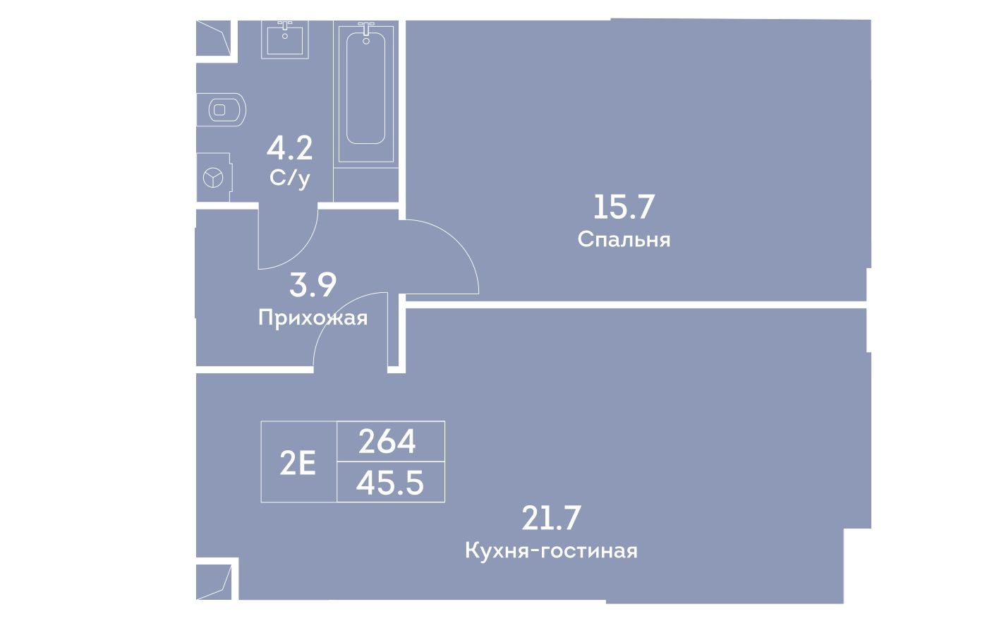 Планировка — 2е квартира, 45.5 м²