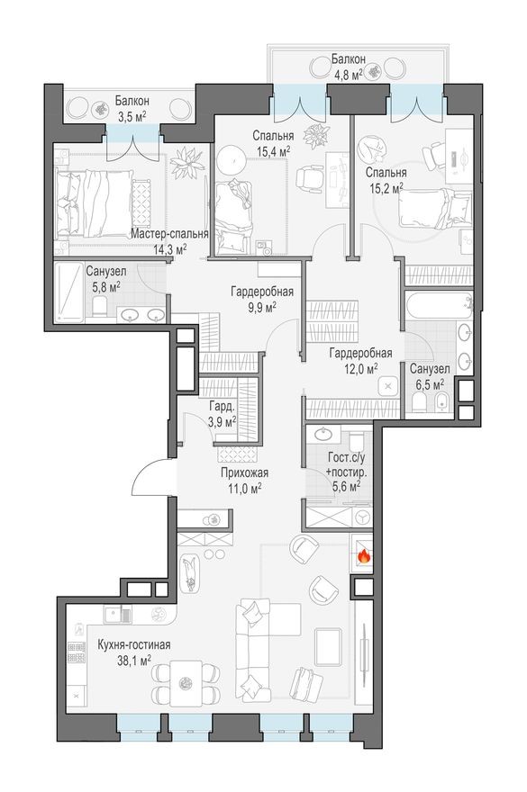 3к. квартира, 140.9 м²