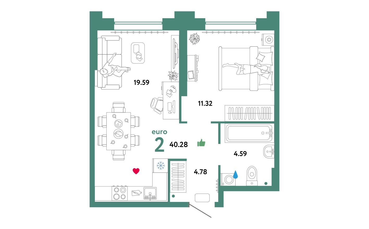 2е квартира, 40.3 м²
