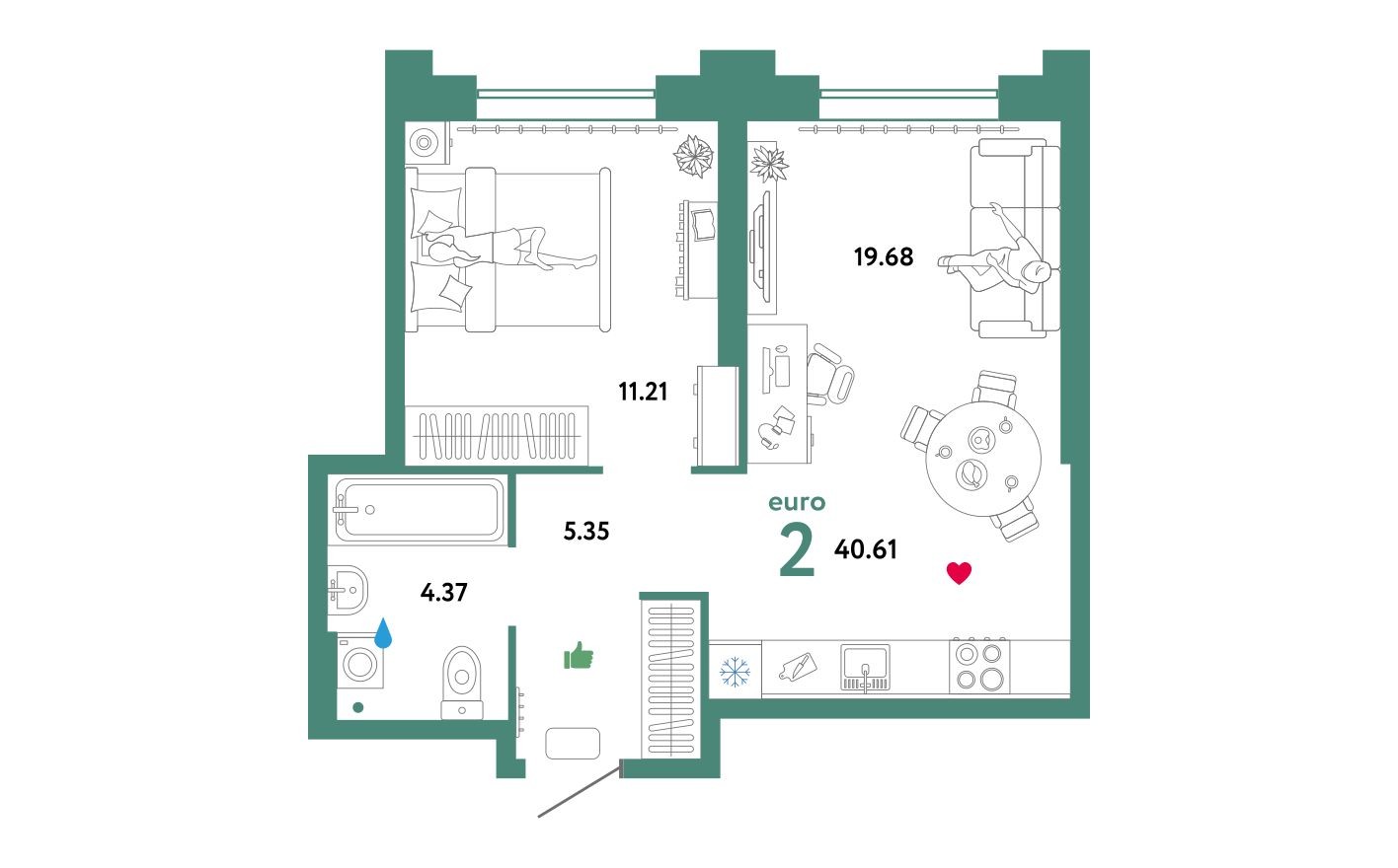 2е квартира, 41.0 м²