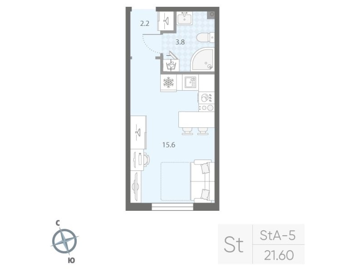 Студия-квартира, 21.6 м²