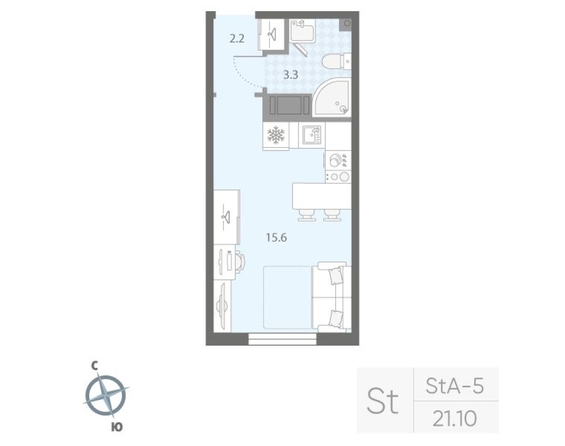 Студия-квартира, 21.1 м²