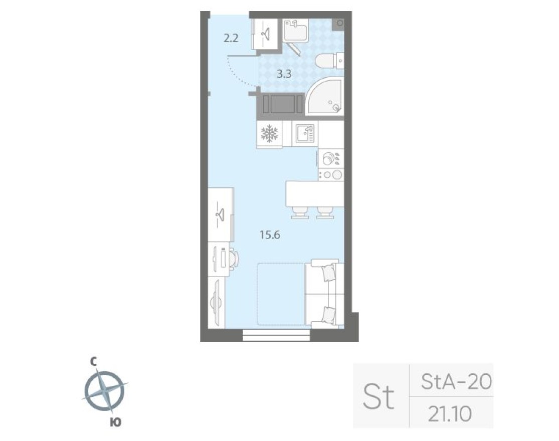 Студия-квартира, 21.1 м²