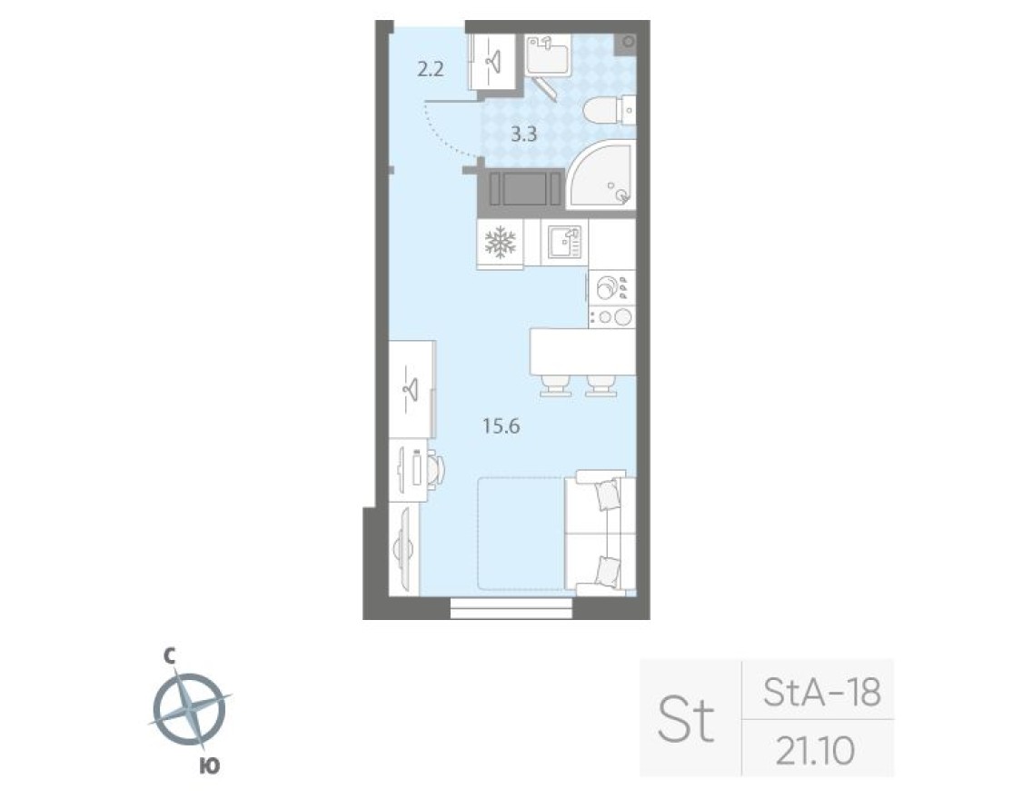 Студия-квартира, 21.1 м²