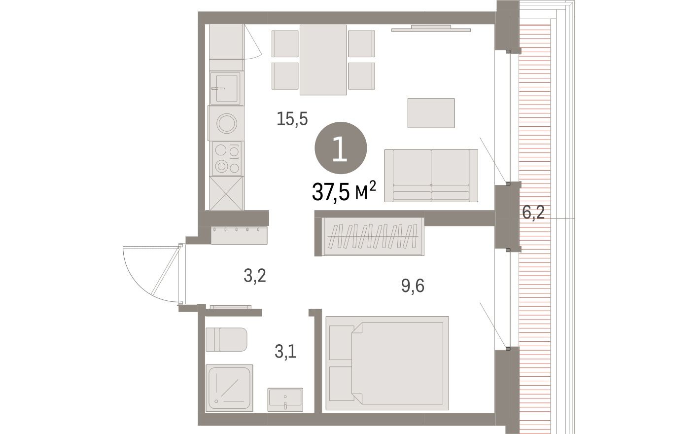 1к. квартира, 37.5 м²