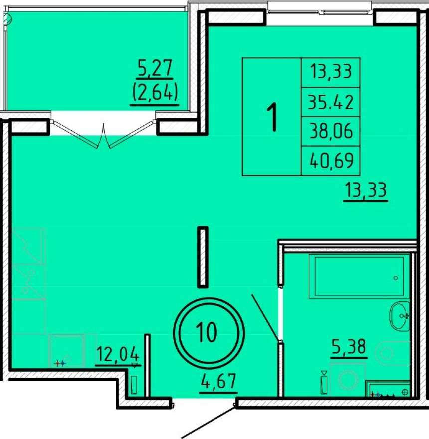1к. квартира, 35.4 м²