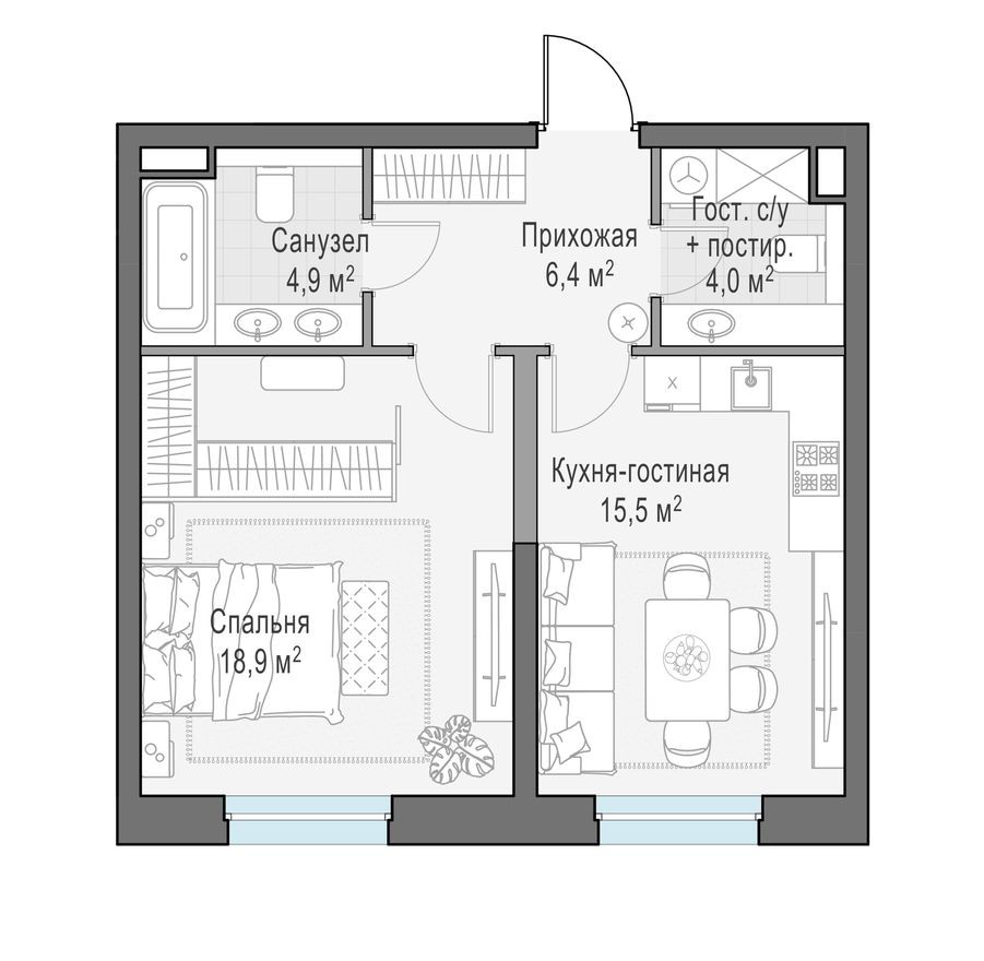 1к. квартира, 49.7 м²