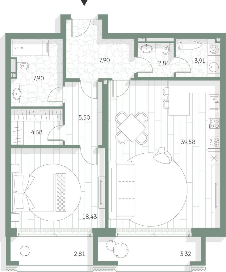 1к. квартира, 96.6 м²
