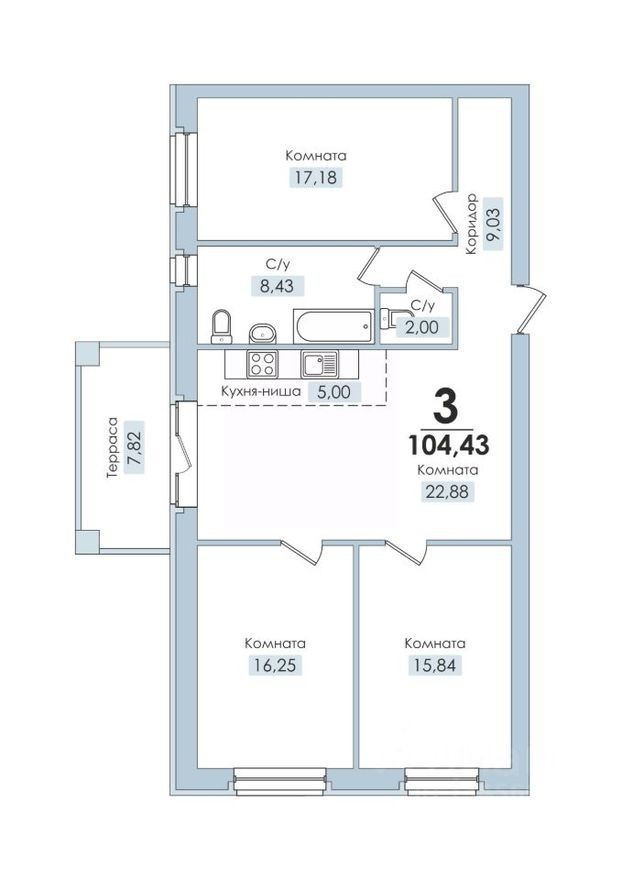 4к. квартира, 104.4 м²