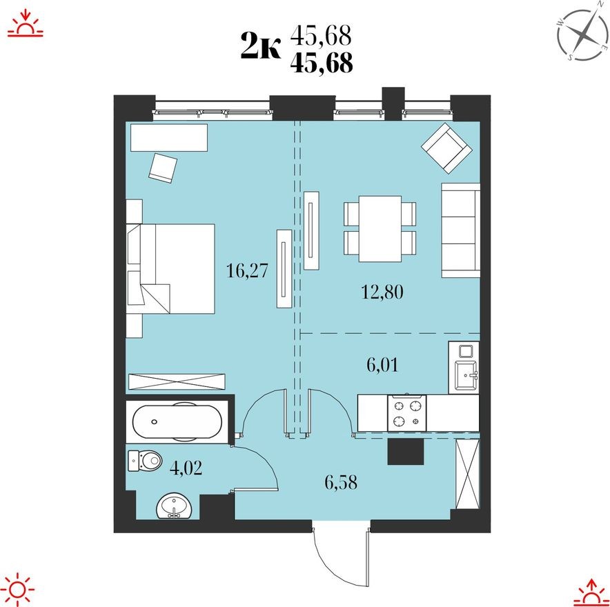 2к. квартира, 45.7 м²