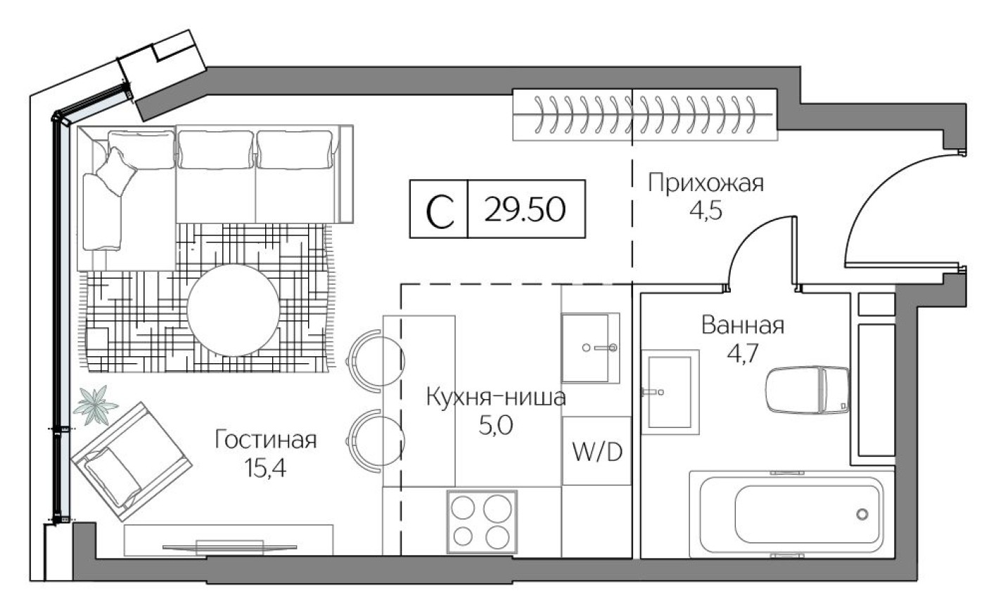Планировка — Студия-квартира, 29.0 м²